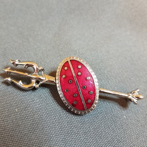 VTG cufflinks tie bar set red silver tone trident - Picture 3 of 11